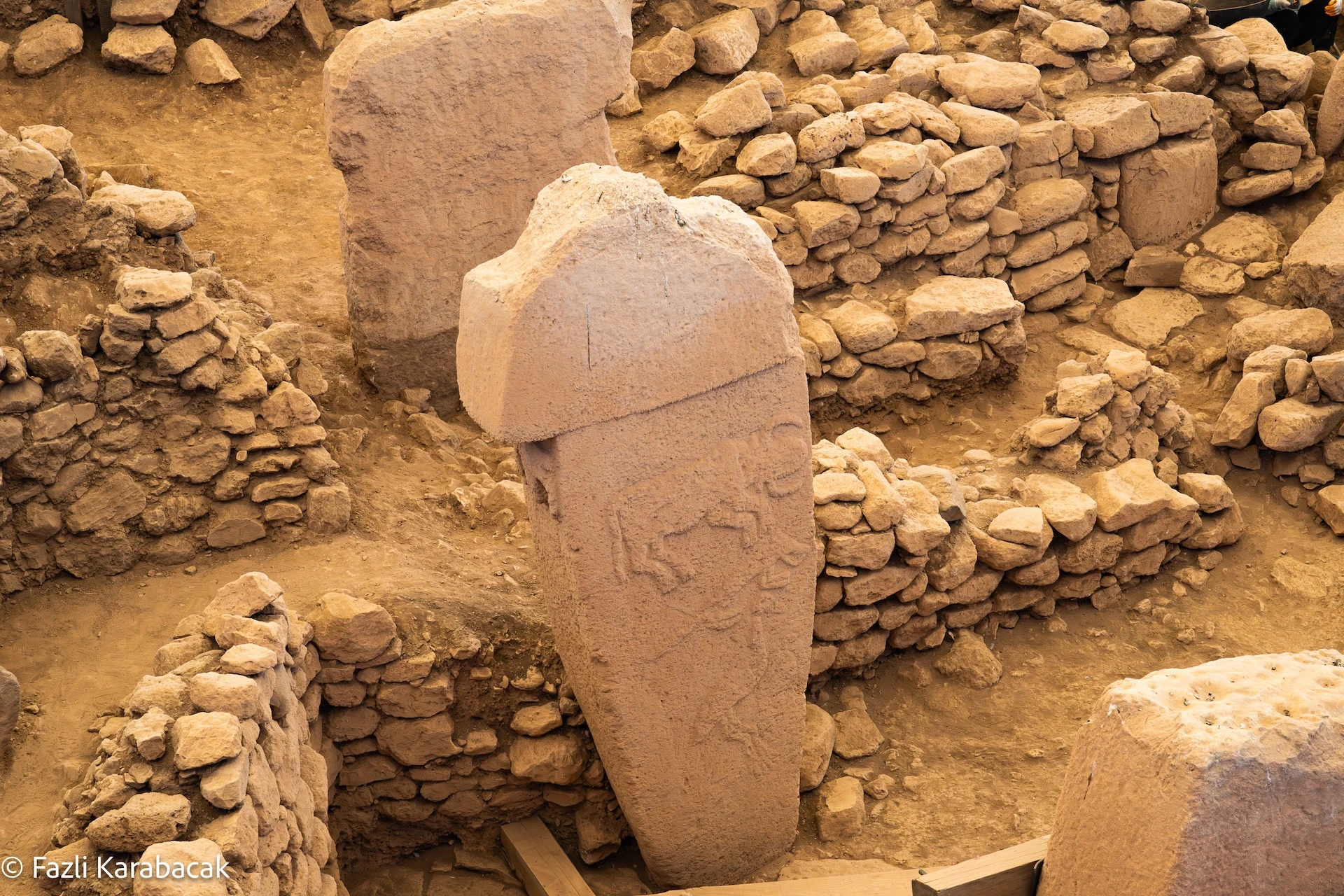 Bull and snake carvings together on a limestone pillar at Göbekli Tepe