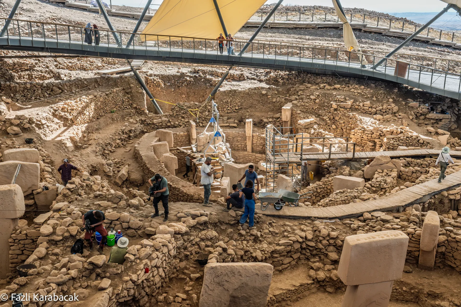 Overview of Göbekli Tepe enclosures showing circular layout with T-shaped pillars